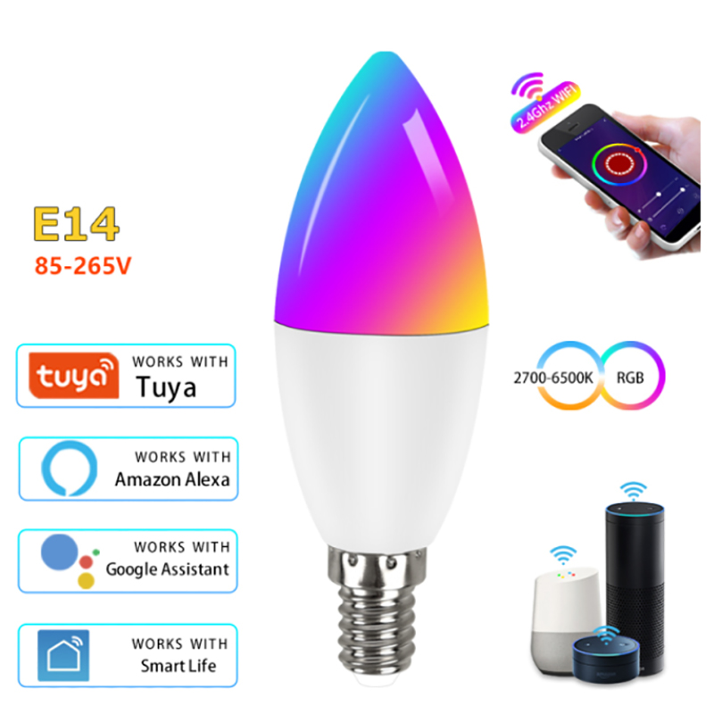 Wifi Smart Light Bulb E14 Candle Lamp RGB+CW+WW 5W Tuya Smart Life APP Voice Control Compatible Alexa Google Home Dimmable